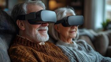 Bright home setting showing a senior couple using VR glasses for an immersive AI experience. photo