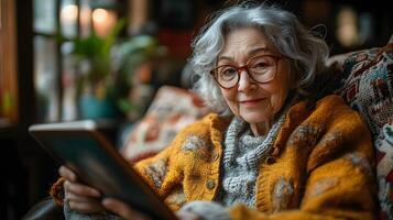 Senior woman using tablet with AI powered companion features in a cozy home setting photo