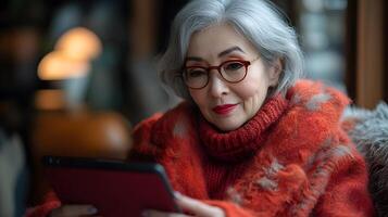 Senior woman using a smart tablet with AI powered companion features in a cozy home setting photo
