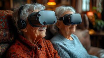 Scene of a senior couple experiencing AI technology through VR and robotic assistance in a home environment. photo