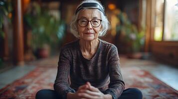 Senior woman using an AI-powered device for fitness tracking and health monitoring at home photo