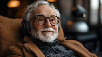 Elderly man interacting with a robotic AI companion while sitting in a comfortable chair photo