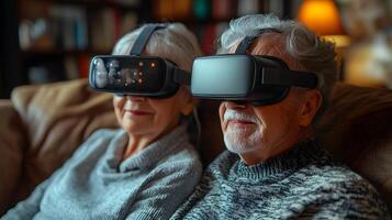 Bright home setting showing a senior couple using VR glasses for an immersive AI experience photo