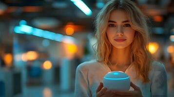 Woman in a bright office using an AI assistant to organize meetings and reminders. photo