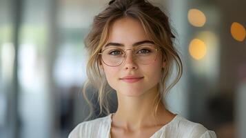 Woman in a bright office using an AI assistant to organize meetings and reminders photo