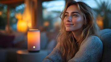 Woman relaxing on a couch and using a voice assistant to control smart home lighting photo