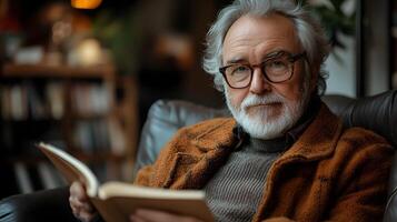 Senior man asking an AI assistant for stock updates in a modern living space photo