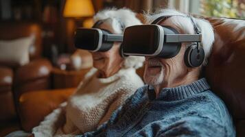Scene of a senior couple experiencing AI technology through VR and robotic assistance in a home environment photo