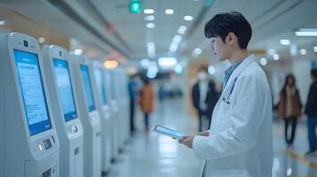 Patients interacting with AI kiosks for self-check-in at hospitals photo