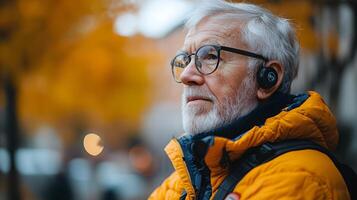 Senior using wearable technology with AI analyzing. photo