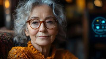 Senior relaxing at home with an AI-supported health monitoring system photo