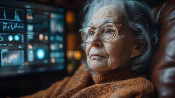 Elderly patient wearing a health tracker at home while AI monitors real-time data photo