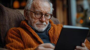 Elderly patient in a comfortable home setting while AI processes wearable health data photo