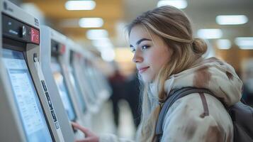 Patients interacting with AI kiosks for self-check-in at hospitals. photo