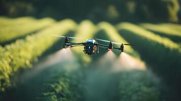 Expansive fields with drones mapping and spraying crops autonomously photo
