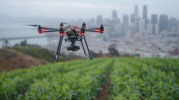Drones flying low over green crops for automated spraying and monitoring photo
