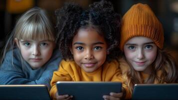 A diverse group of students using AI-driven tablets to collaborate on a project in a smart classroom photo