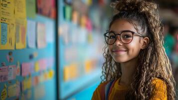 Teacher reviewing a student's progress graph on an AI dashboard in a vibrant classroom photo
