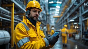 Factory manager using handheld devices to track production metrics powered by AI. photo