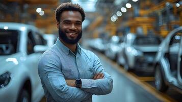 Factory manager using handheld devices to track production metrics powered by AI photo