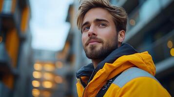 A construction worker using AI-powered wearable tech to track health and performance on-site photo