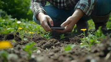 Close-up of farmer checking soil moisture analytics on a smart device photo