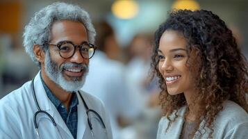 A healthcare professional using AI for diagnostics on a tablet while interacting with a patient in a clinic photo