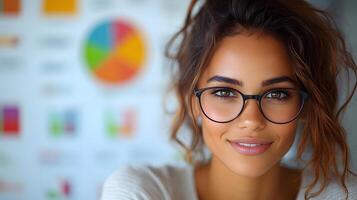 A female CEO analyzing real-time data projections and financial statistics using a floating business chart photo
