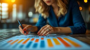 A female CEO analyzing real time data projections and financial statistics using a floating business chart photo
