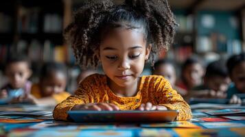 Teacher guiding students using tablets displaying AI-enhanced learning apps photo