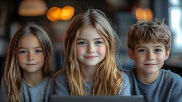 Children collaborating on group projects while engaging with AI-driven laptops photo
