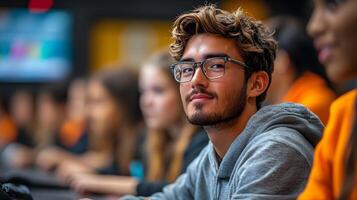 High-energy classroom environment with students engaging in interactive AI-based group activities photo
