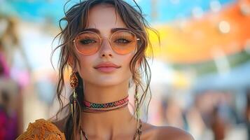 A boho-inspired outfit shot featuring a festival attendee with a colorful backdrop of art installations photo