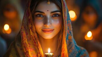A young woman wearing a colorful dupatta and holding a candle during Vaisakhi prayers photo