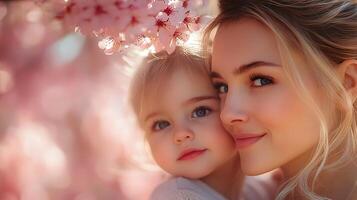 A mother and child admiring cherry blossoms while enjoying a sunny spring day in a park photo