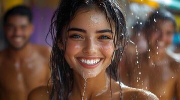 A group of friends smiling and splashing water on each other during Songkran celebrations photo