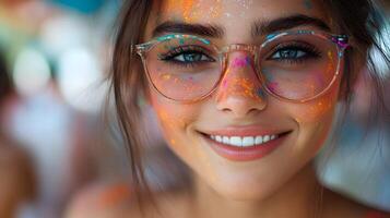 A dramatic shot of vibrant colors being splashed across the face of a Holi participant, capturing joy and celebration photo
