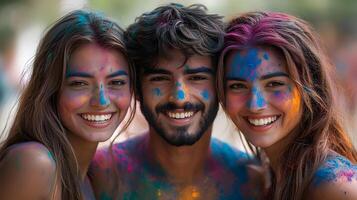 A joyful group of friends posing for a photo during Holi, covered in vibrant colors and smiling widely