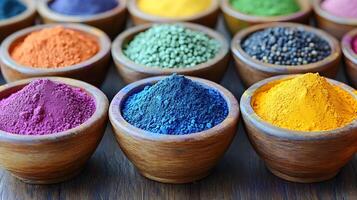 A serene shot of vibrant colored powders arranged in bowls before the start of a Holi festival photo