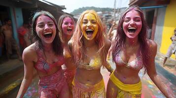 A group of women in traditional Indian dresses playing Holi with colored powders and water photo
