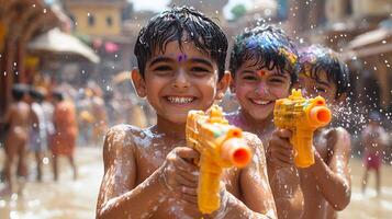 Children playing Holi with water guns and colorful powders, creating a vibrant and playful atmosphere photo