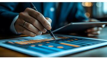 Business expert reviewing graphical financial data for optimization solutions on a digital tablet photo