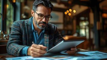 Business expert reviewing graphical financial data for optimization solutions on a digital tablet. photo