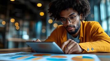 Business consultant analyzing tablet for cost-cutting solutions with data panels in the background photo