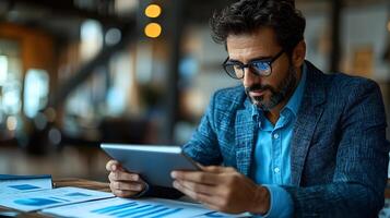 Modern office setting with a professional reviewing financial data and trends using a tablet photo