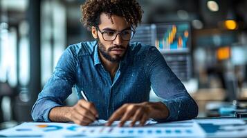 Executive in stylish office analyzing cost saving measures with dynamic financial graphs in the background photo