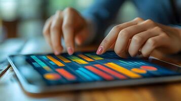Business professional using analytics software on a tablet with colorful graphs displayed nearby photo