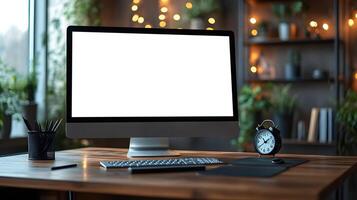 Clean and practical desk setup with computer clipboard coffee mug calculator clock wall graph 8K photorealistic photo
