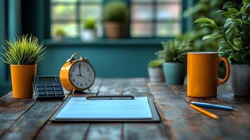 Organized office desk setup showing computer clipboard clock calculator coffee mug data graph background 8K realistic photo