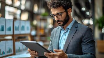 Business consultant analyzing a tablet for cost-cutting solutions with data panels in the background photo